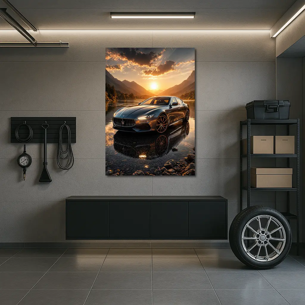 Maserati Quattroporte Sunset Mountain Lake Reflection – Wall Art