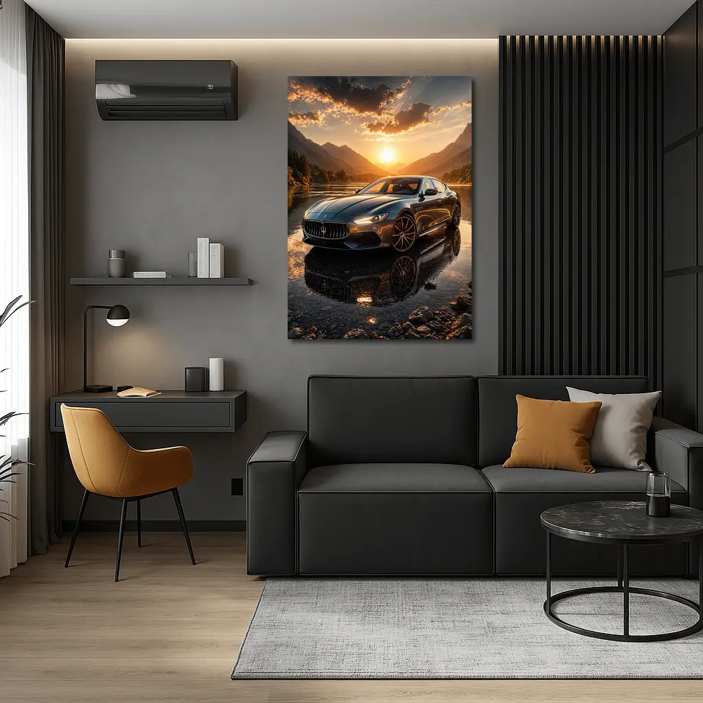 Maserati Quattroporte Sunset Mountain Lake Reflection – Wall Art