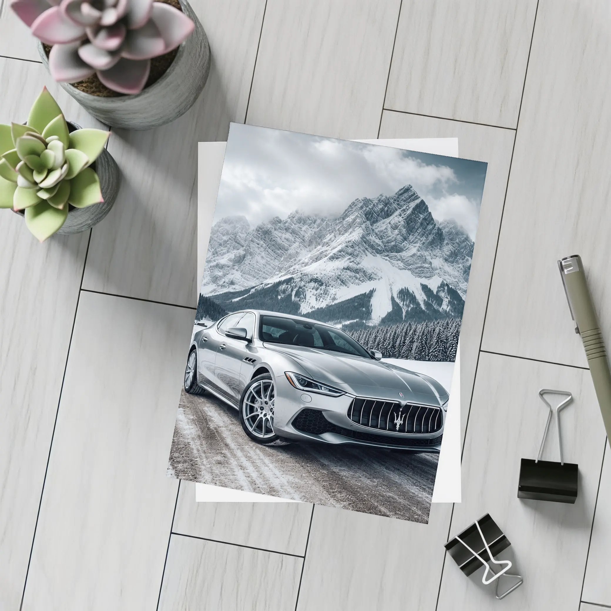 Maserati Quattroporte Silver Mountain Winter Road – Postcards