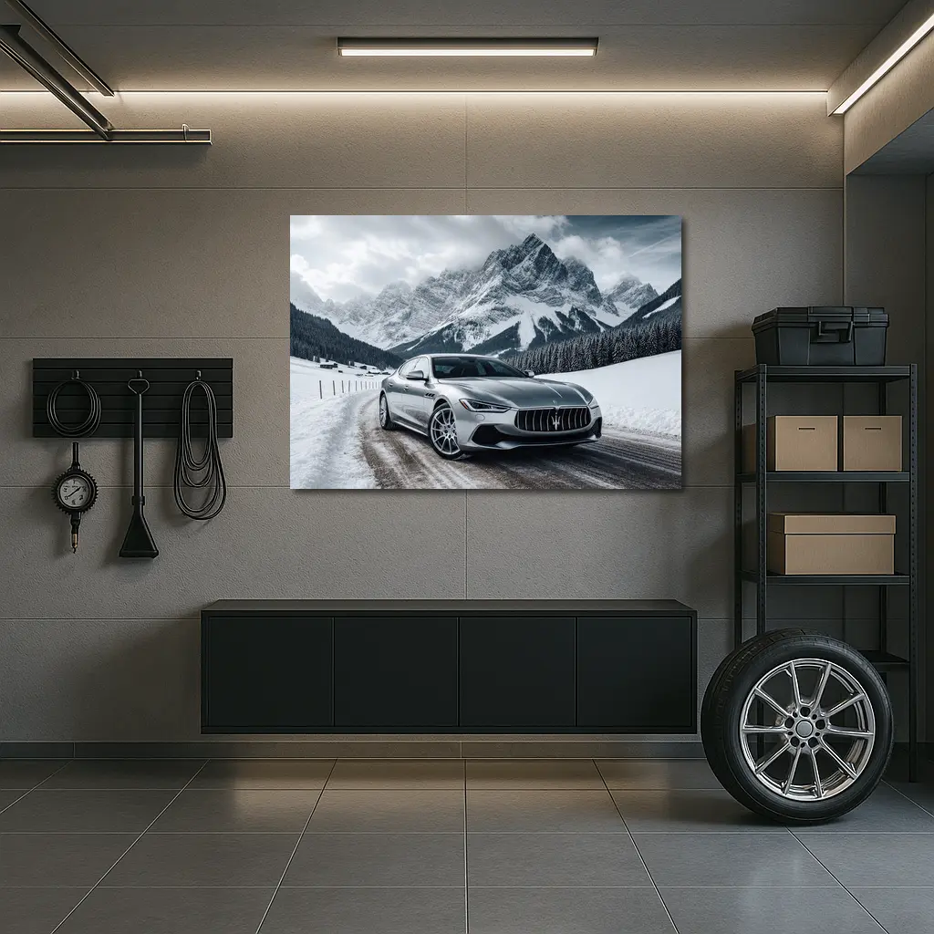 Maserati Quattroporte Silver Mountain Winter Road – Wall Art