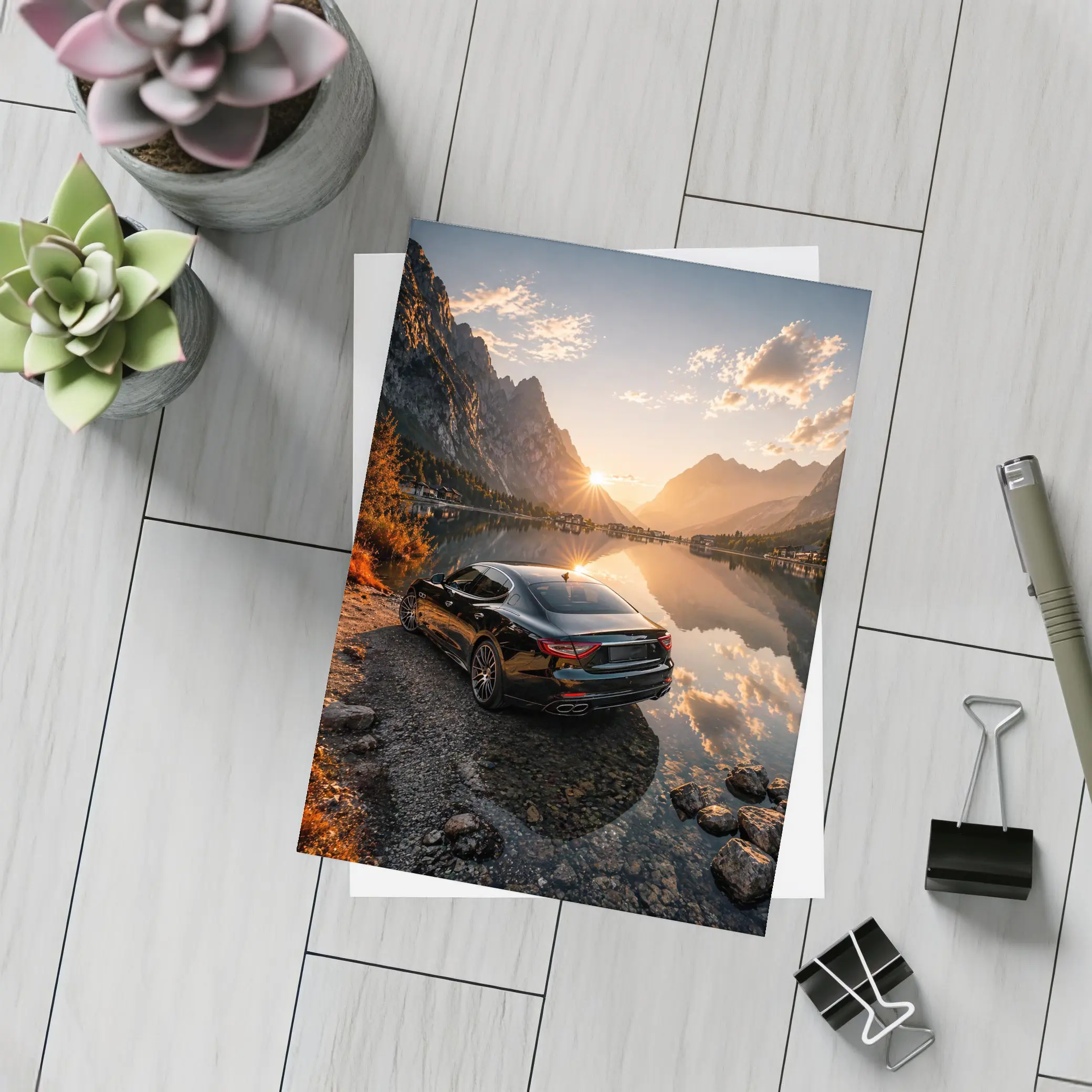 Maserati Quattroporte Black Sunset Mountain Lake – Postcards