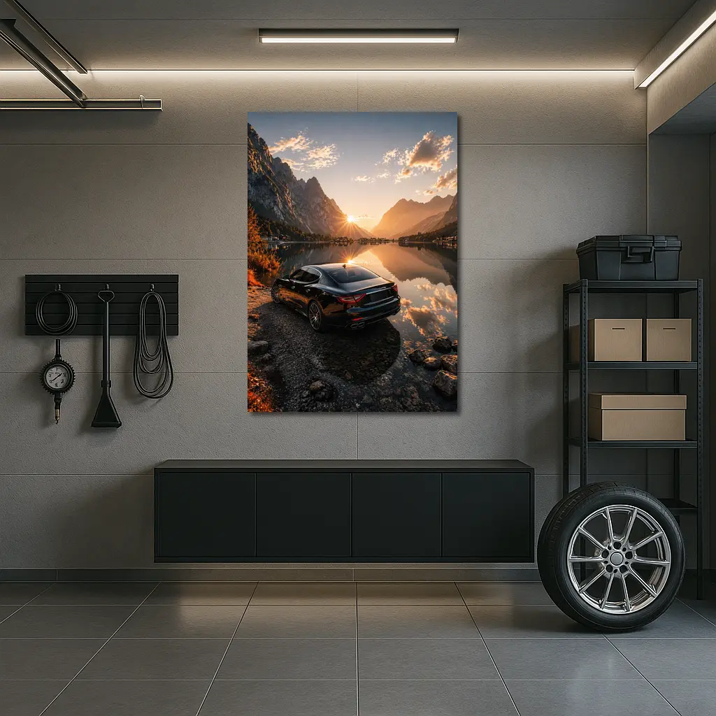 Maserati Quattroporte Black Sunset Mountain Lake – Wall Art