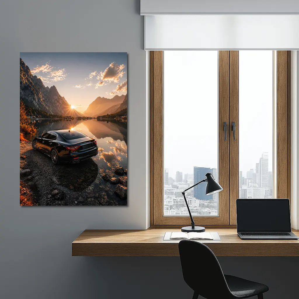 Maserati Quattroporte Black Sunset Mountain Lake – Wall Art