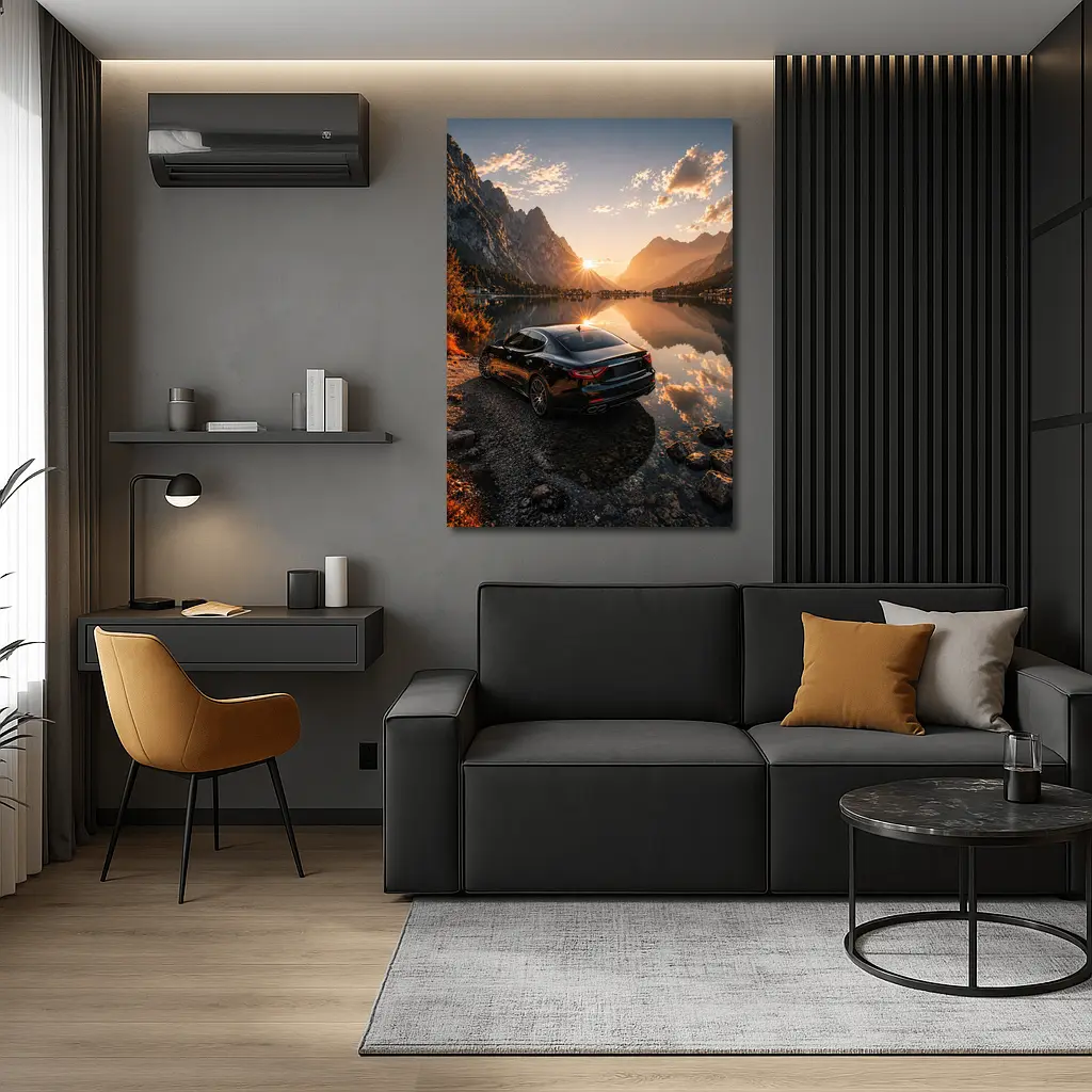 Maserati Quattroporte Black Sunset Mountain Lake – Wall Art