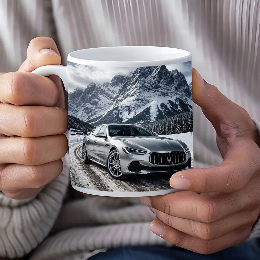 Maserati Ghibli Silver On Snowy Mountain Road – Mugs