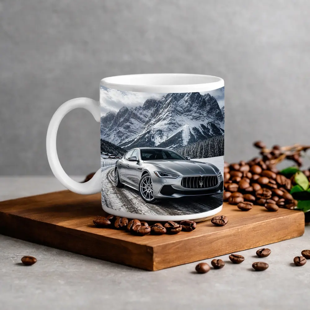 Maserati Ghibli Silver On Snowy Mountain Road – Mugs