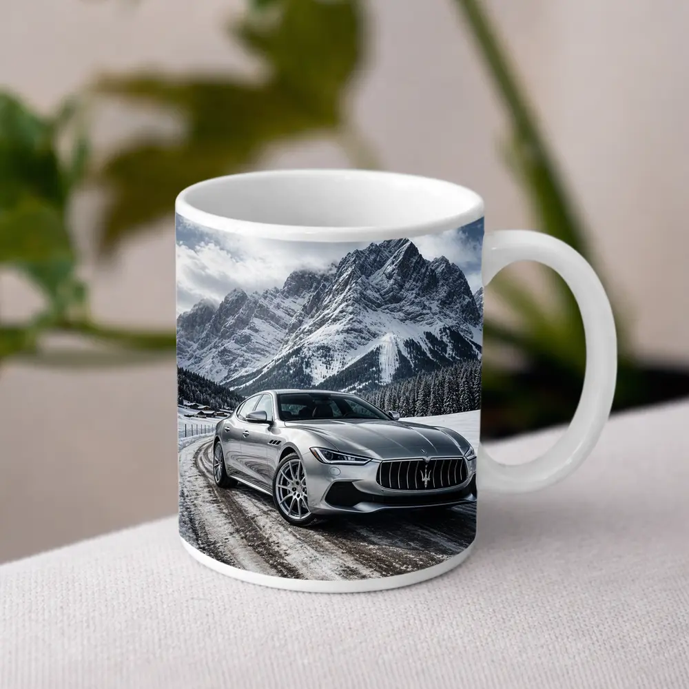 Maserati Ghibli Silver On Snowy Mountain Road – Mugs