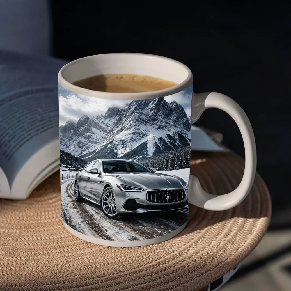 Maserati Ghibli Silver On Snowy Mountain Road – Mugs
