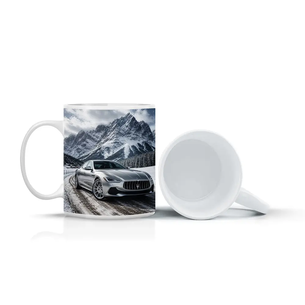 Maserati Ghibli Silver On Snowy Mountain Road – Mugs