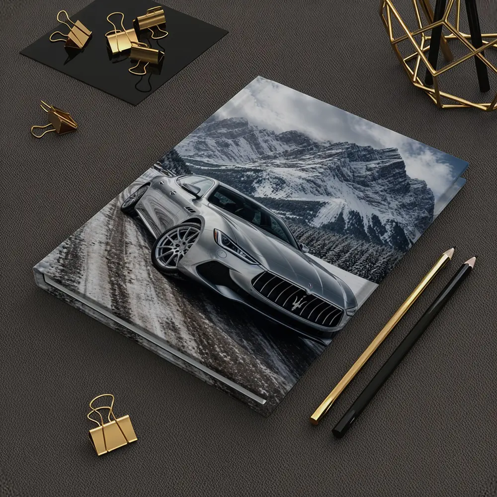 Maserati Ghibli Silver On Snowy Mountain Road – Notebooks