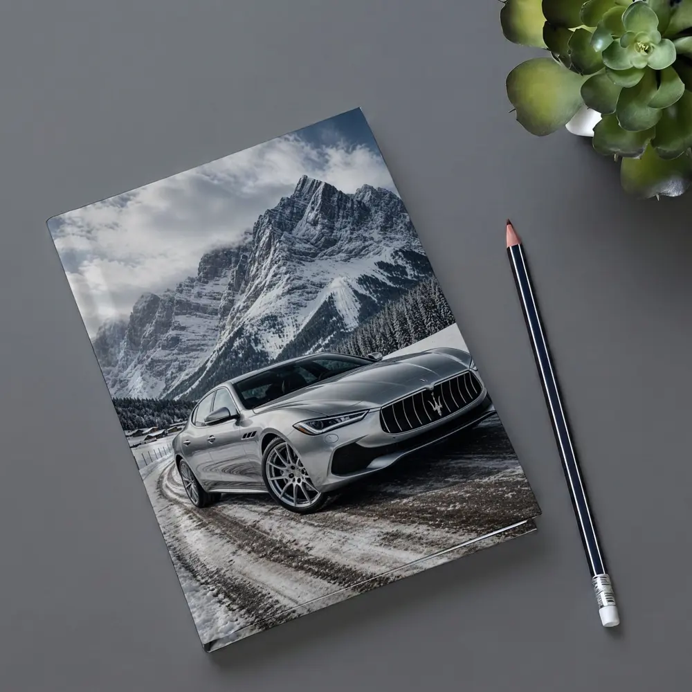Maserati Ghibli Silver On Snowy Mountain Road – Notebooks