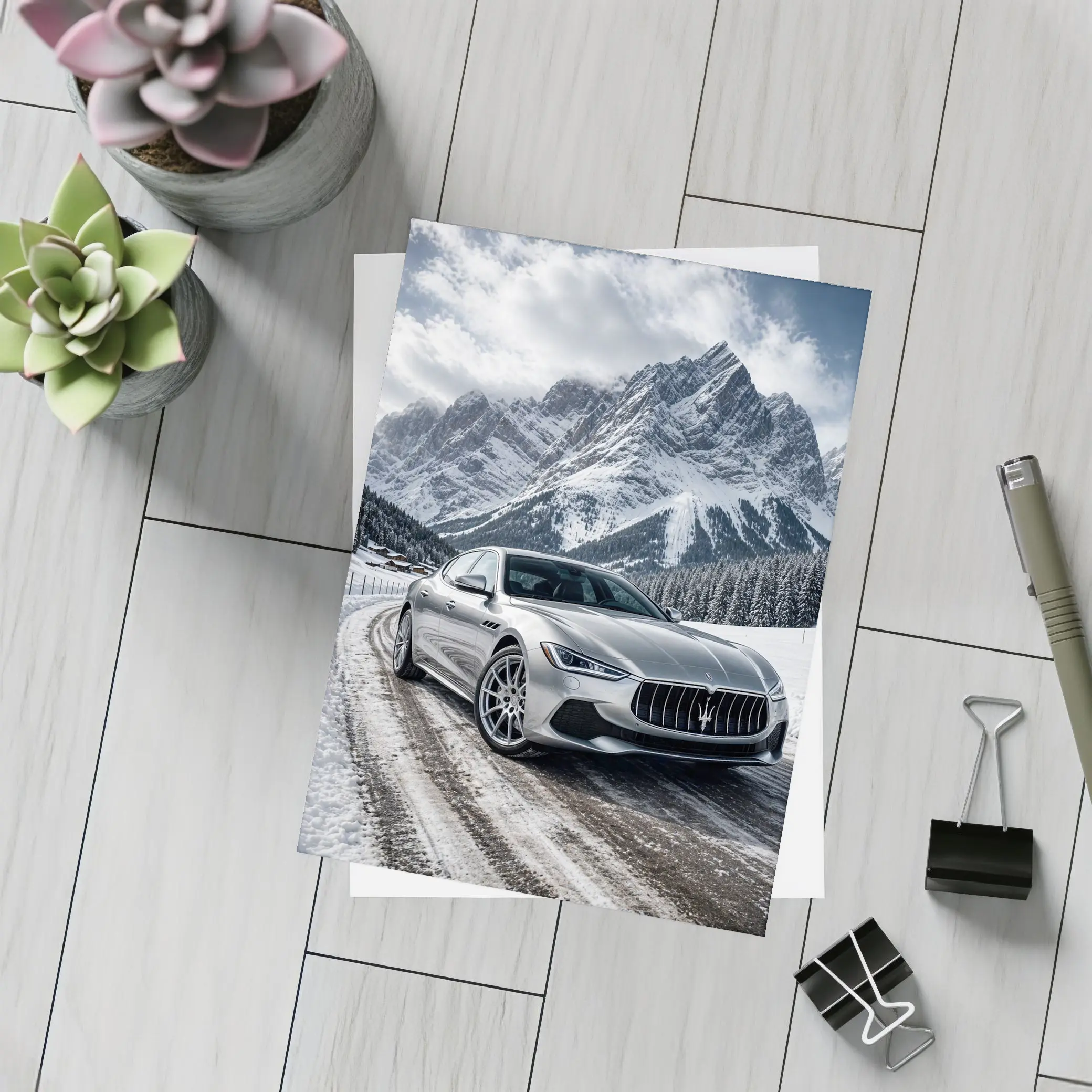 Maserati Ghibli Silver On Snowy Mountain Road – Postcards