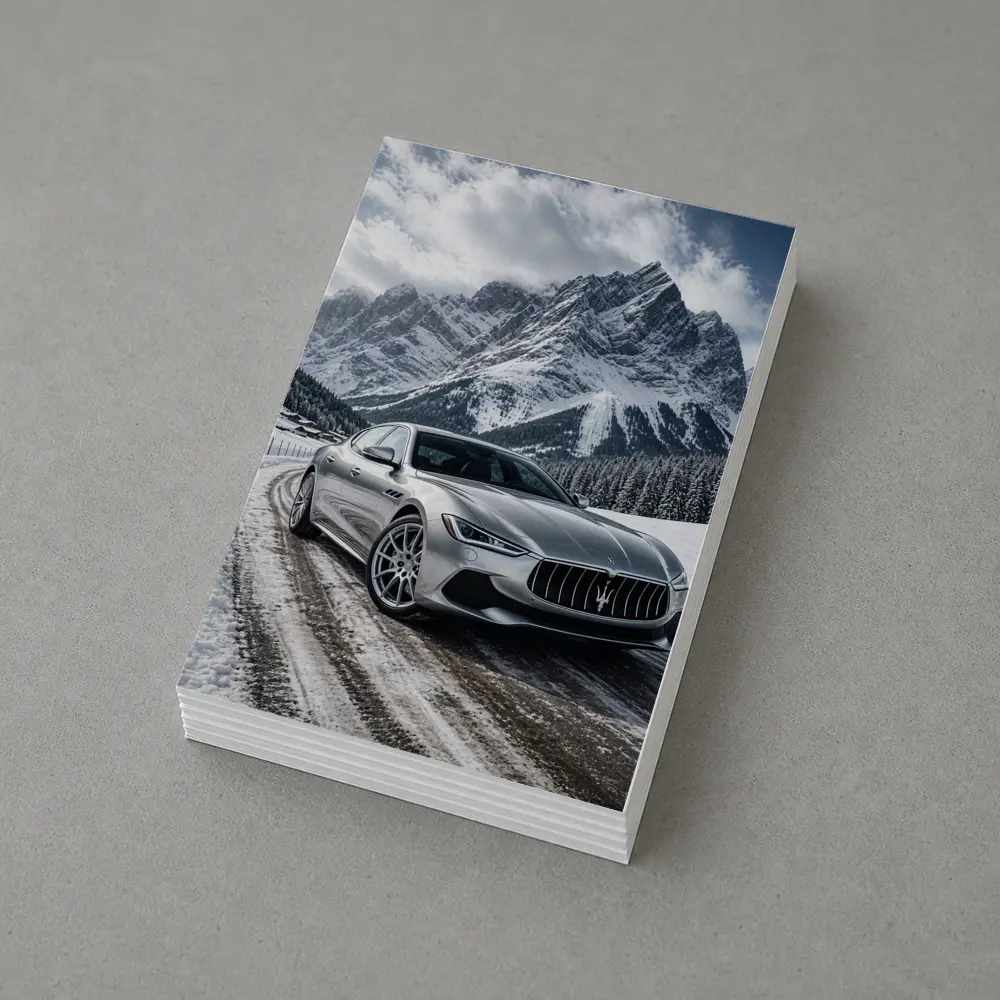 Maserati Ghibli Silver On Snowy Mountain Road – Postcards