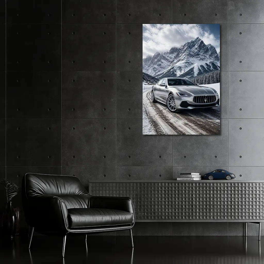 Maserati Ghibli Silver On Snowy Mountain Road – Wall Art