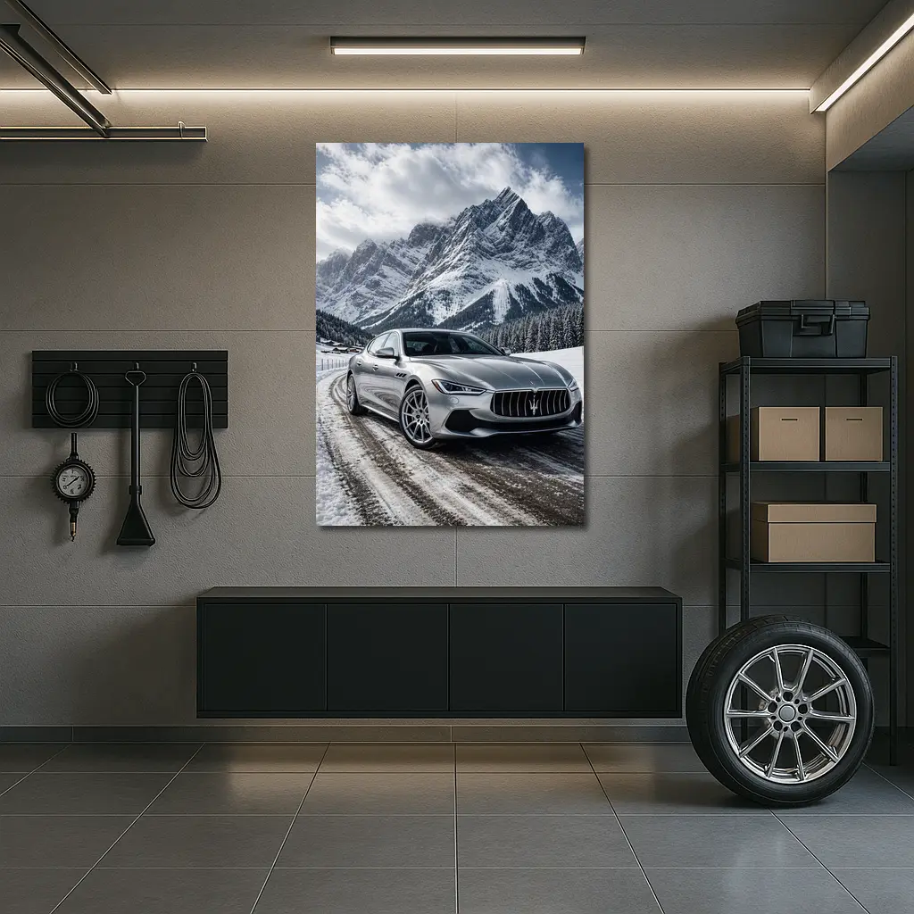 Maserati Ghibli Silver On Snowy Mountain Road – Wall Art