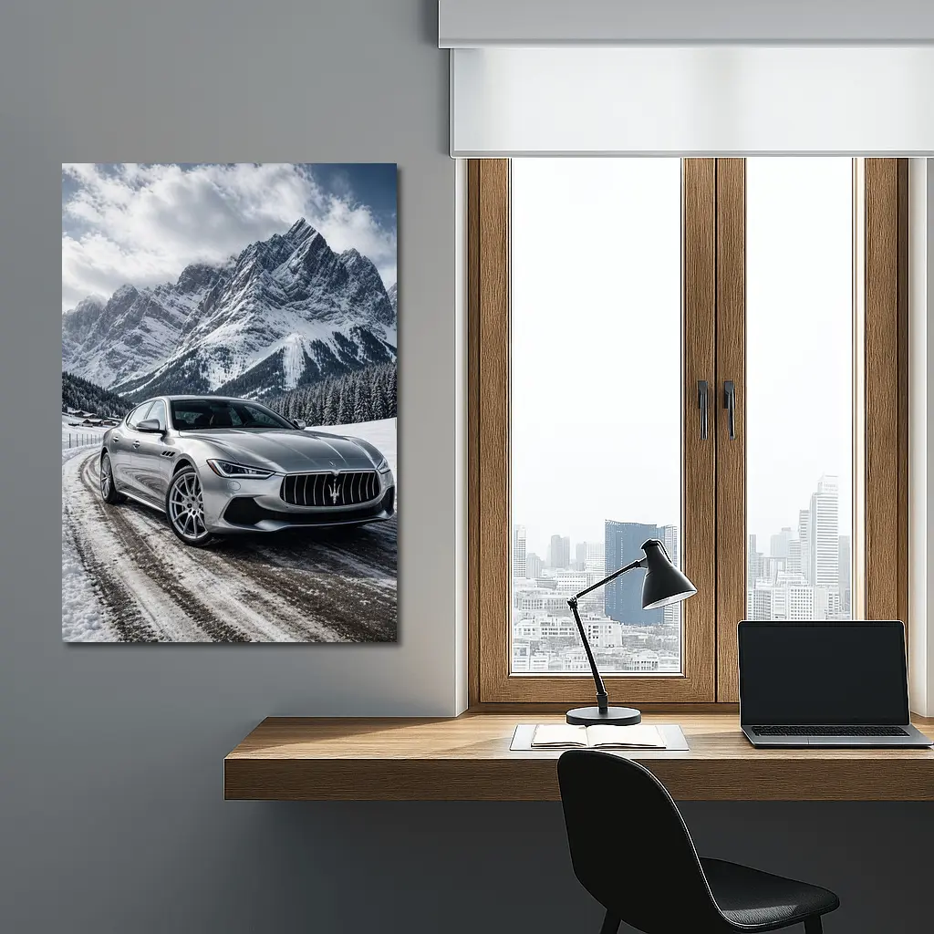 Maserati Ghibli Silver On Snowy Mountain Road – Wall Art
