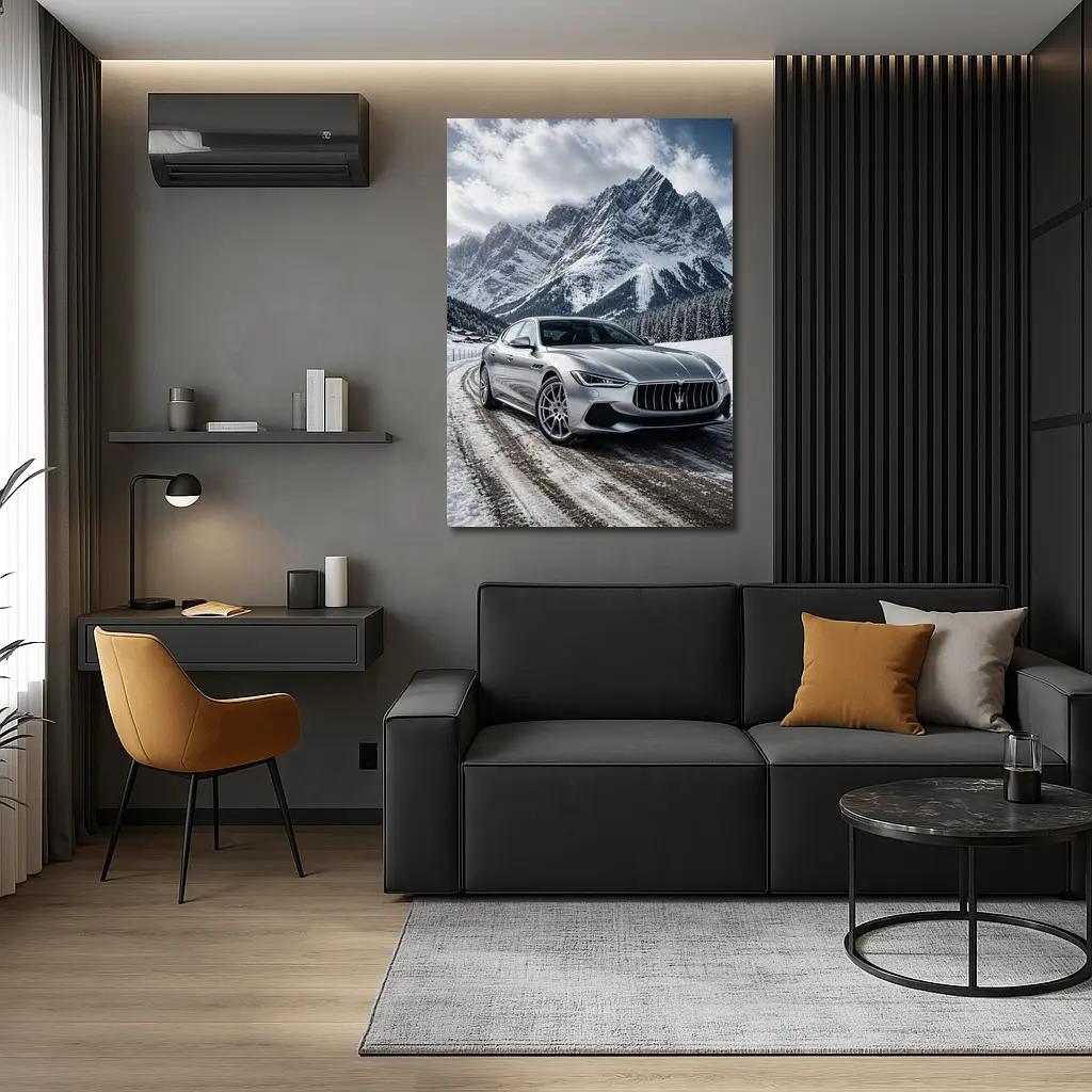 Maserati Ghibli Silver On Snowy Mountain Road – Wall Art