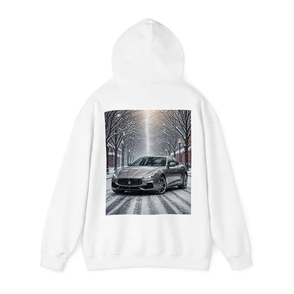 Maserati Quattroporte Driving Through Snowy Street – Hoodies