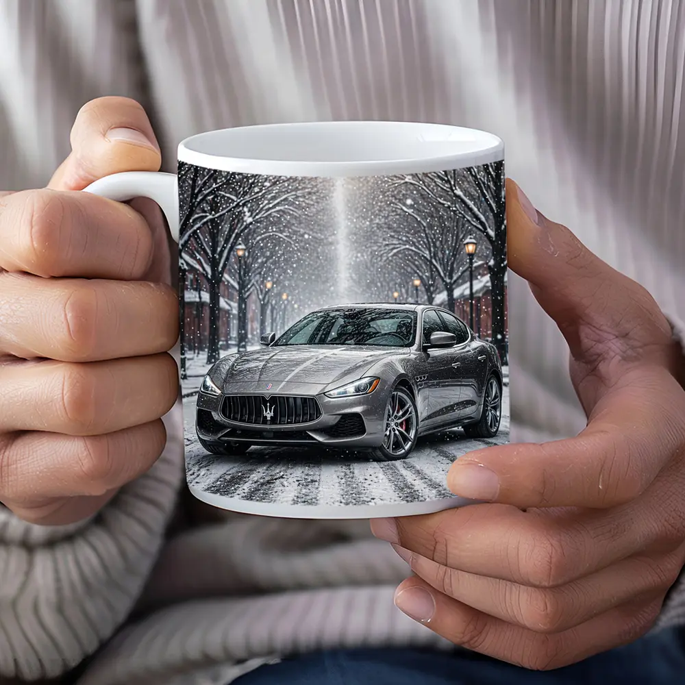 Maserati Quattroporte Driving Through Snowy Street – Mugs