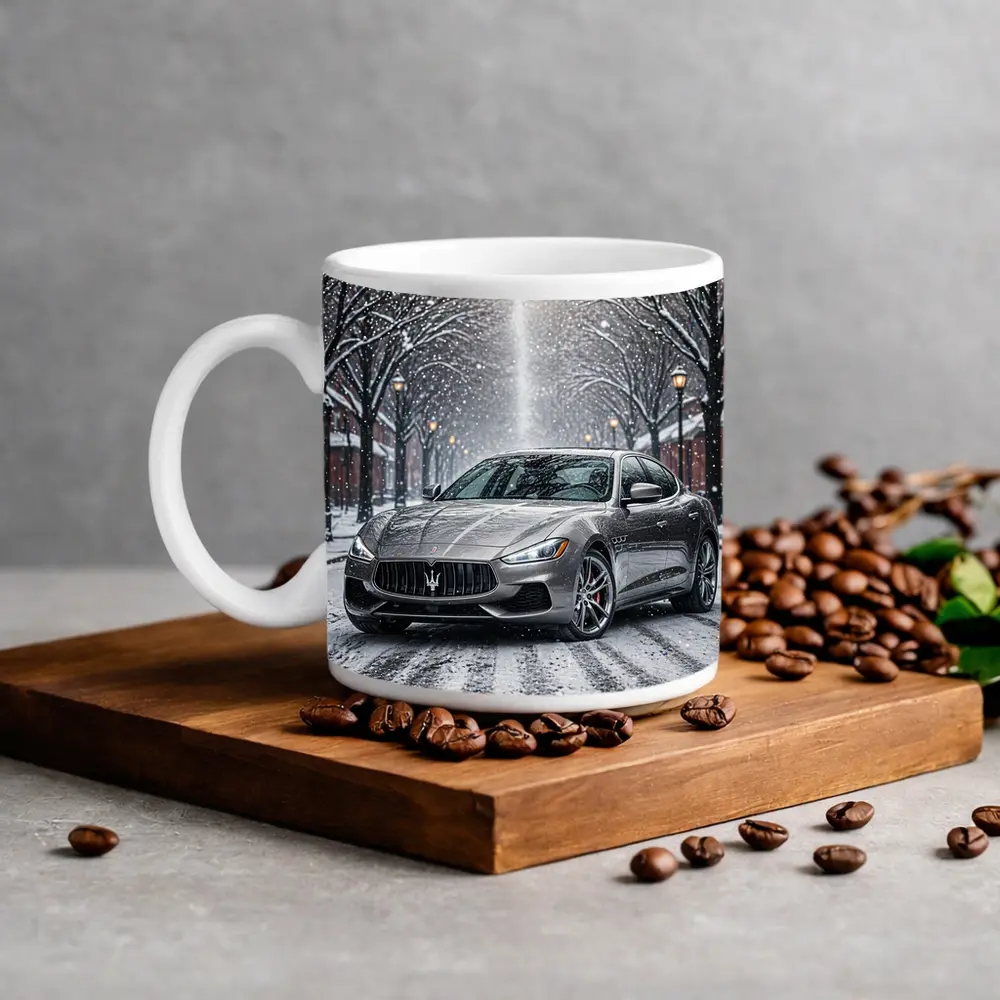Maserati Quattroporte Driving Through Snowy Street – Mugs