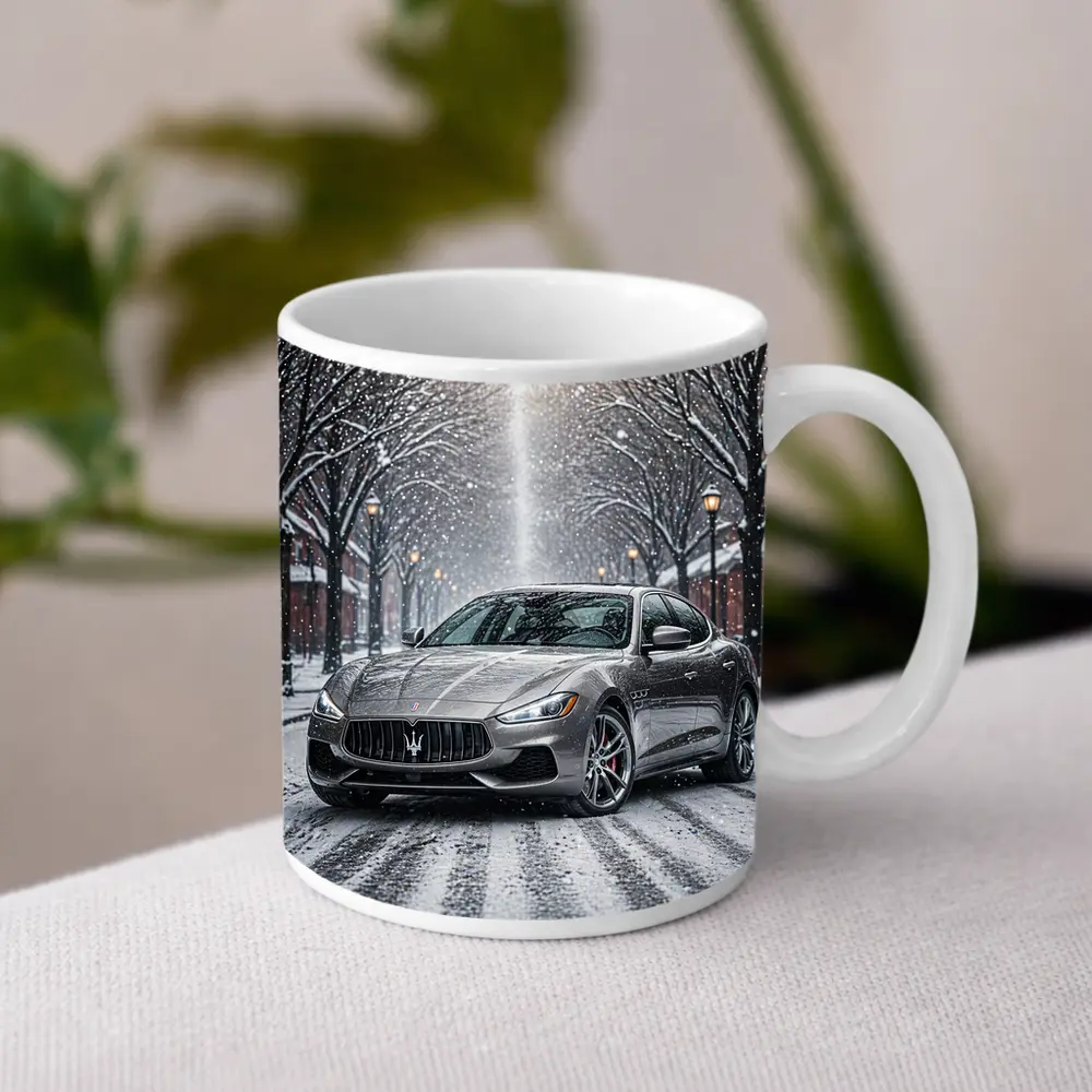 Maserati Quattroporte Driving Through Snowy Street – Mugs