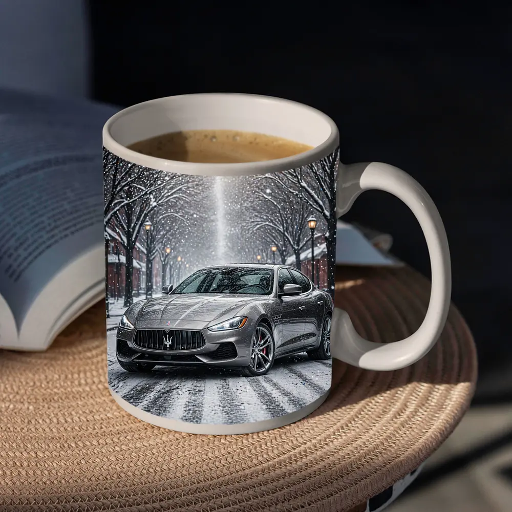 Maserati Quattroporte Driving Through Snowy Street – Mugs