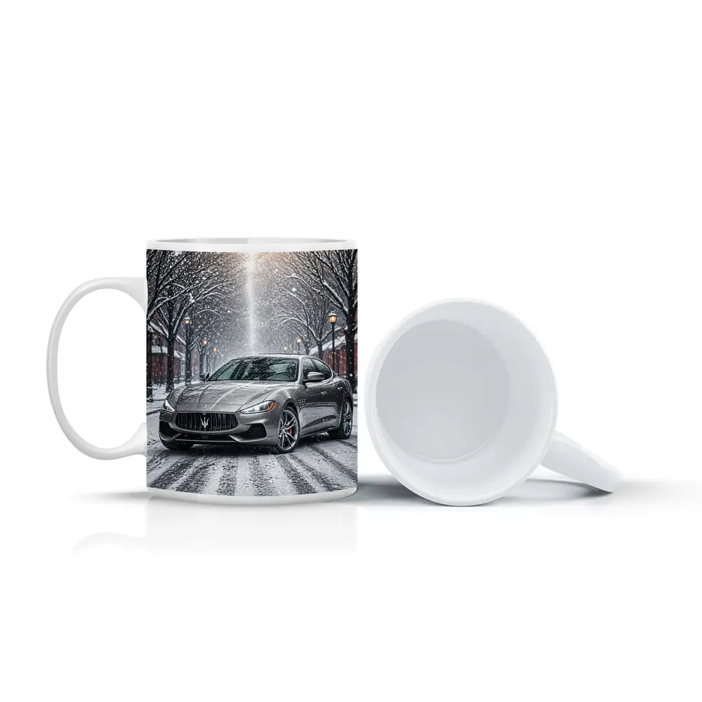 Maserati Quattroporte Driving Through Snowy Street – Mugs