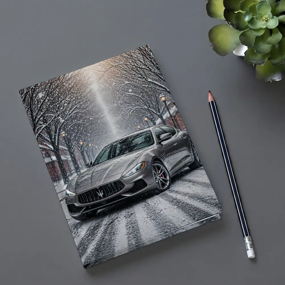 Maserati Quattroporte Driving Through Snowy Street – Notebooks