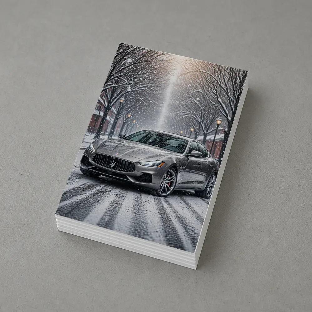 Maserati Quattroporte Driving Through Snowy Street – Postcards