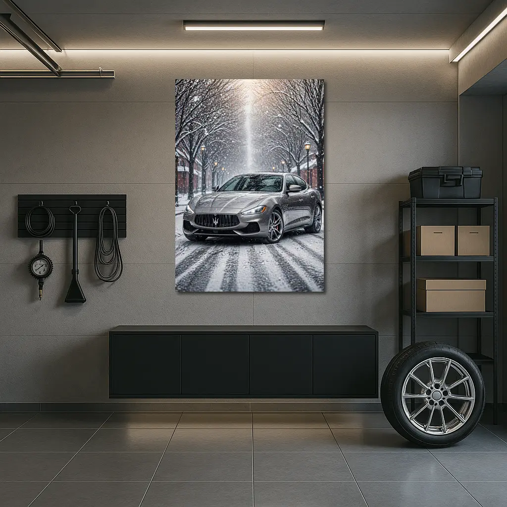 Maserati Quattroporte Driving Through Snowy Street – Wall Art