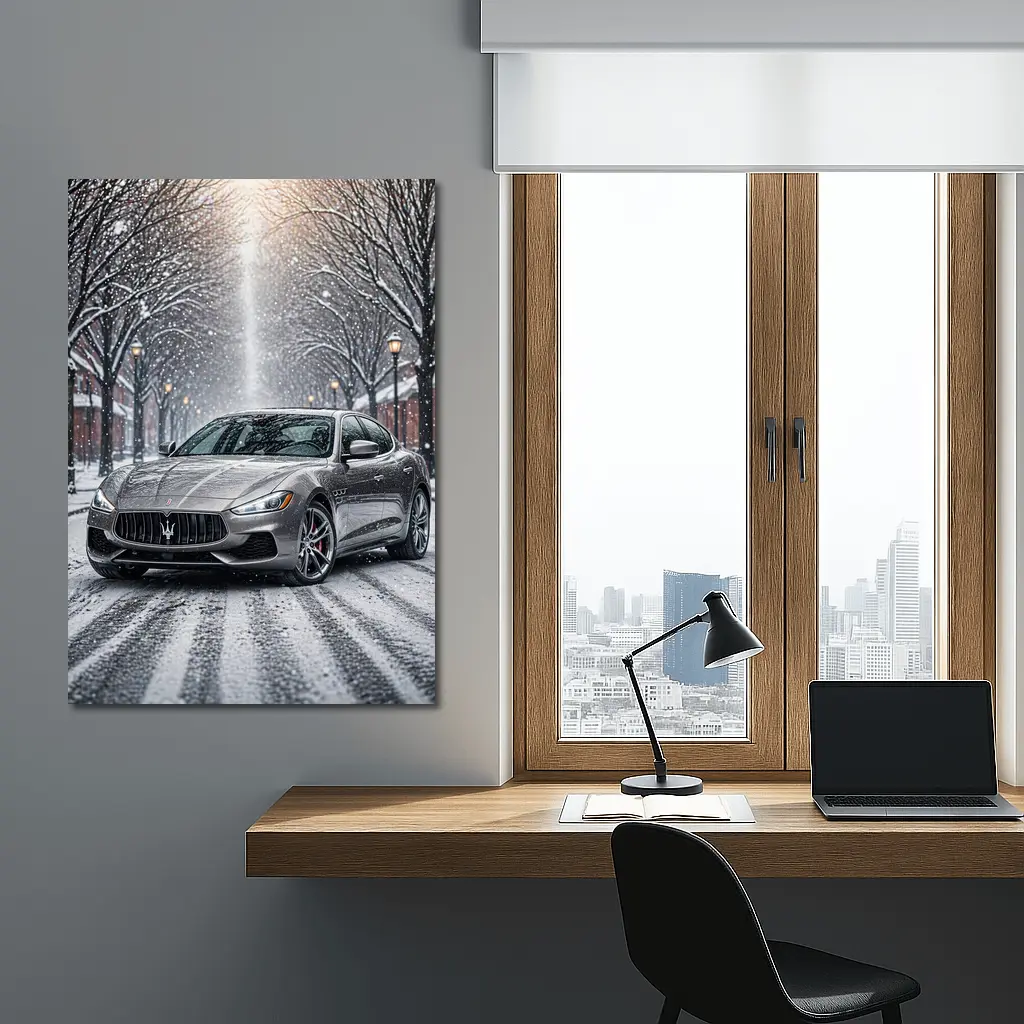 Maserati Quattroporte Driving Through Snowy Street – Wall Art
