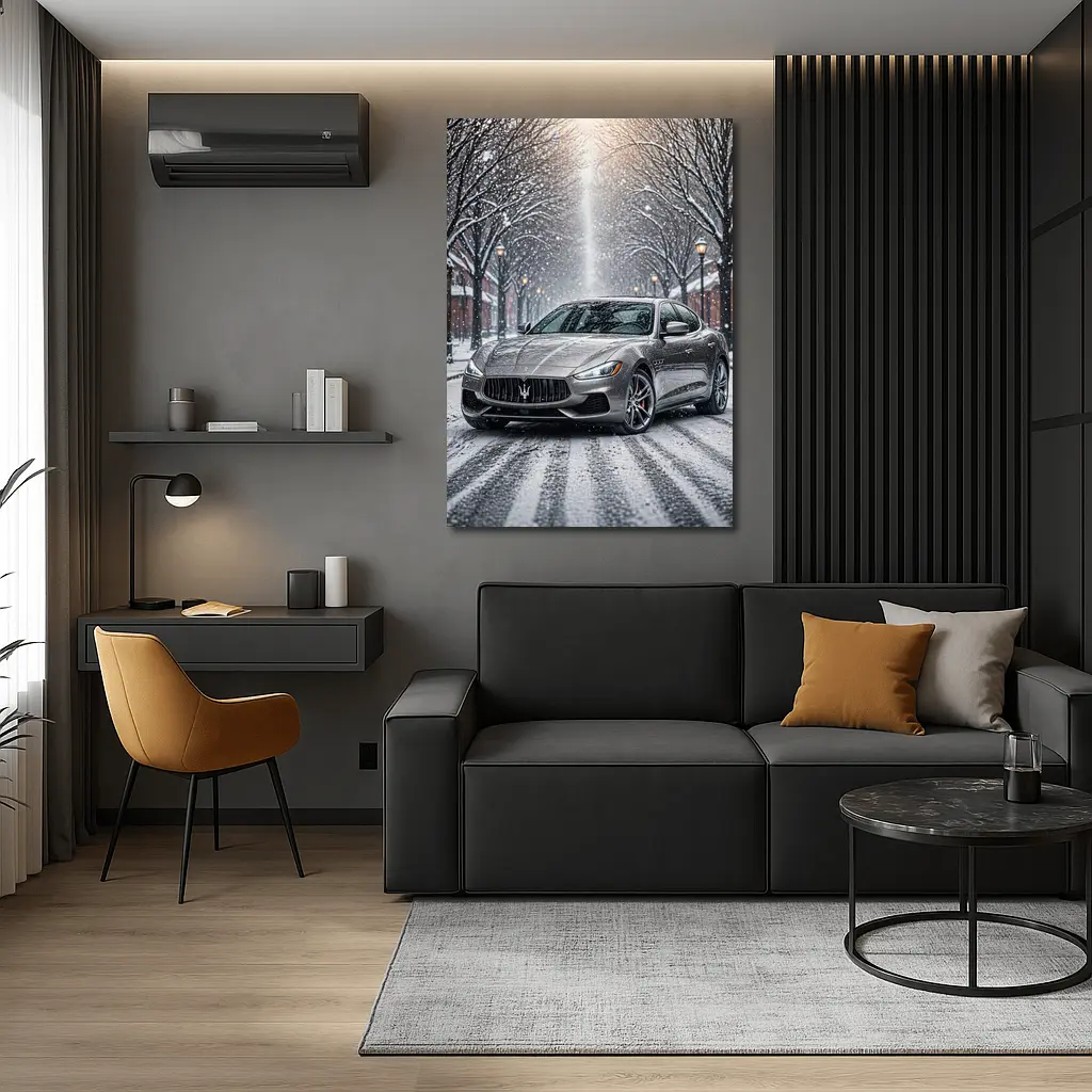Maserati Quattroporte Driving Through Snowy Street – Wall Art