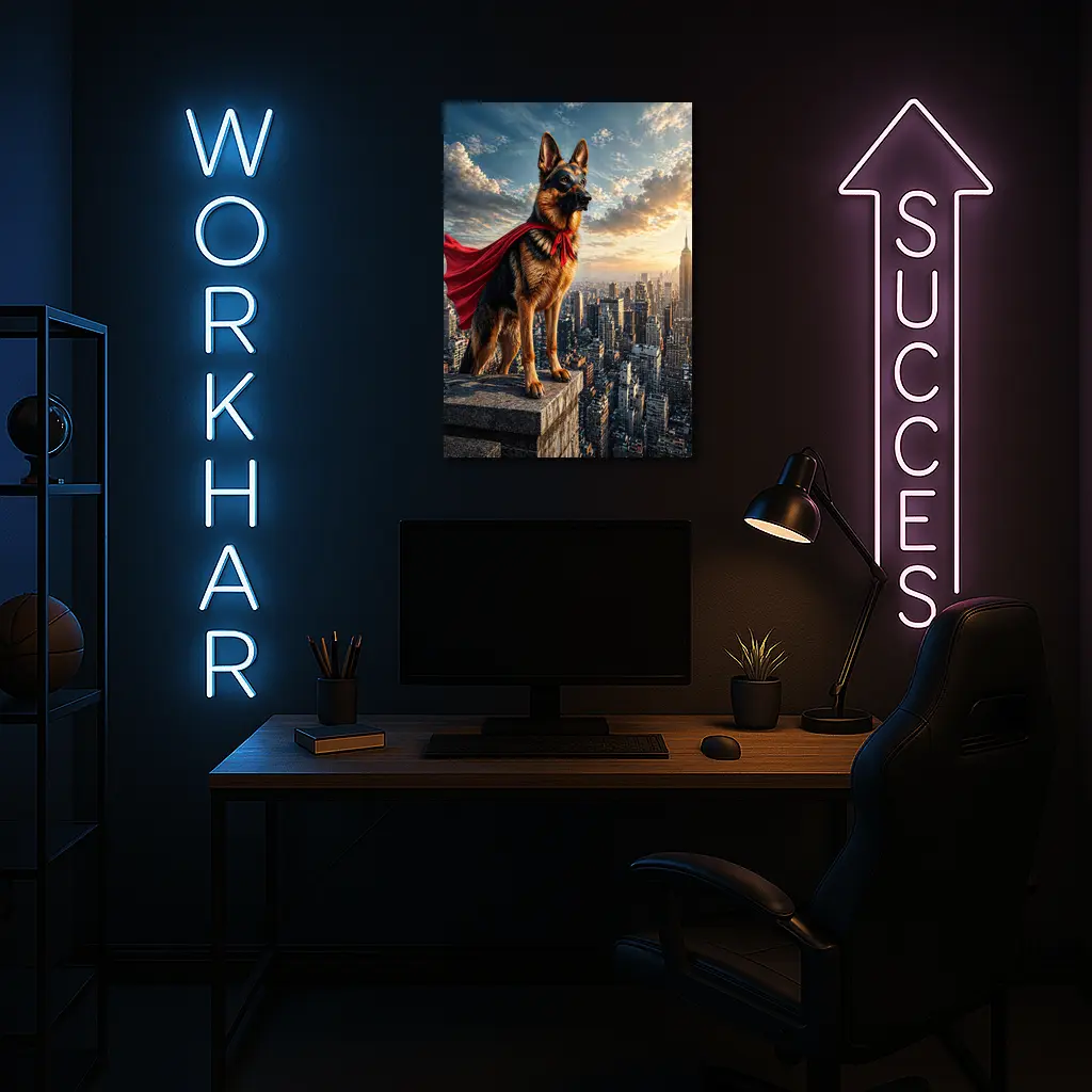 German Shepherd Superhero Cape City Skyline – Wall Art