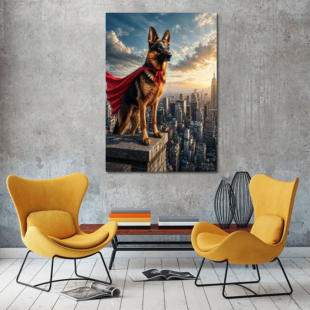 German Shepherd Superhero Cape City Skyline – Wall Art