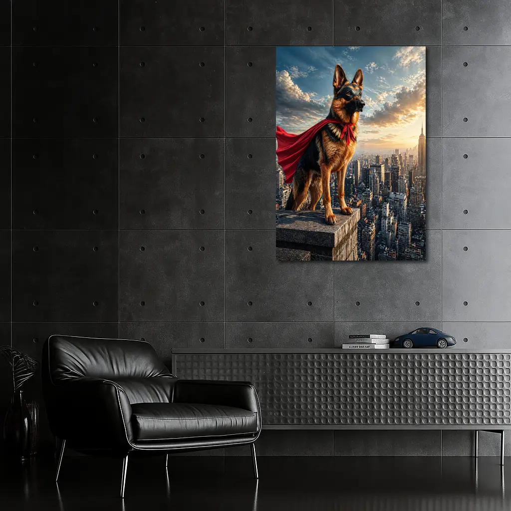 German Shepherd Superhero Cape City Skyline – Wall Art