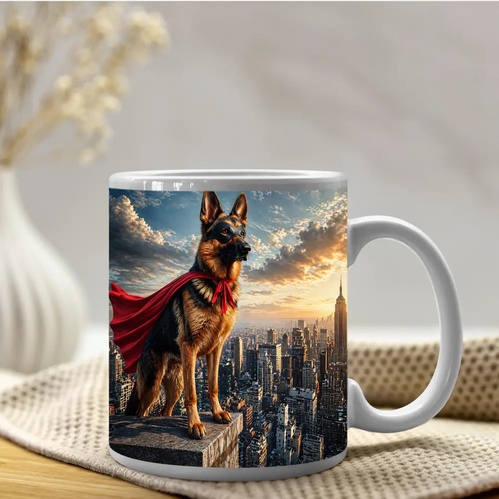 German Shepherd Superhero Cape City Skyline – Mugs