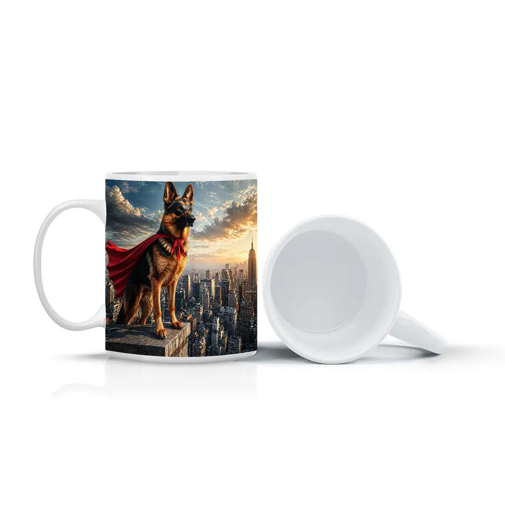German Shepherd Superhero Cape City Skyline – Mugs