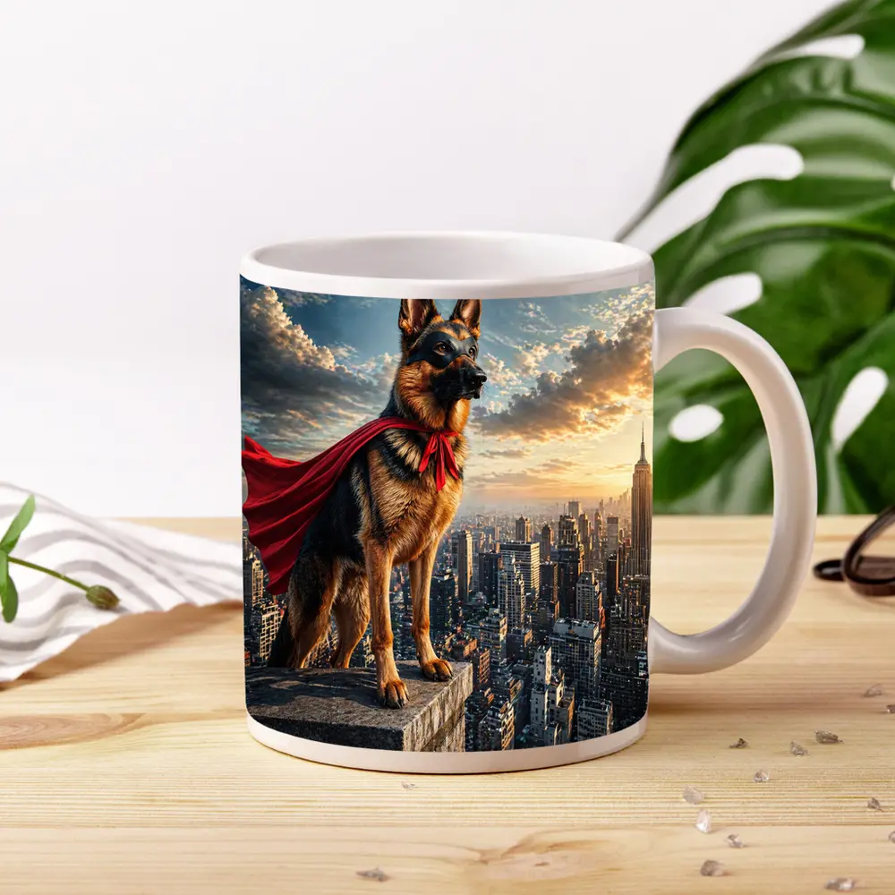 German Shepherd Superhero Cape City Skyline – Mugs