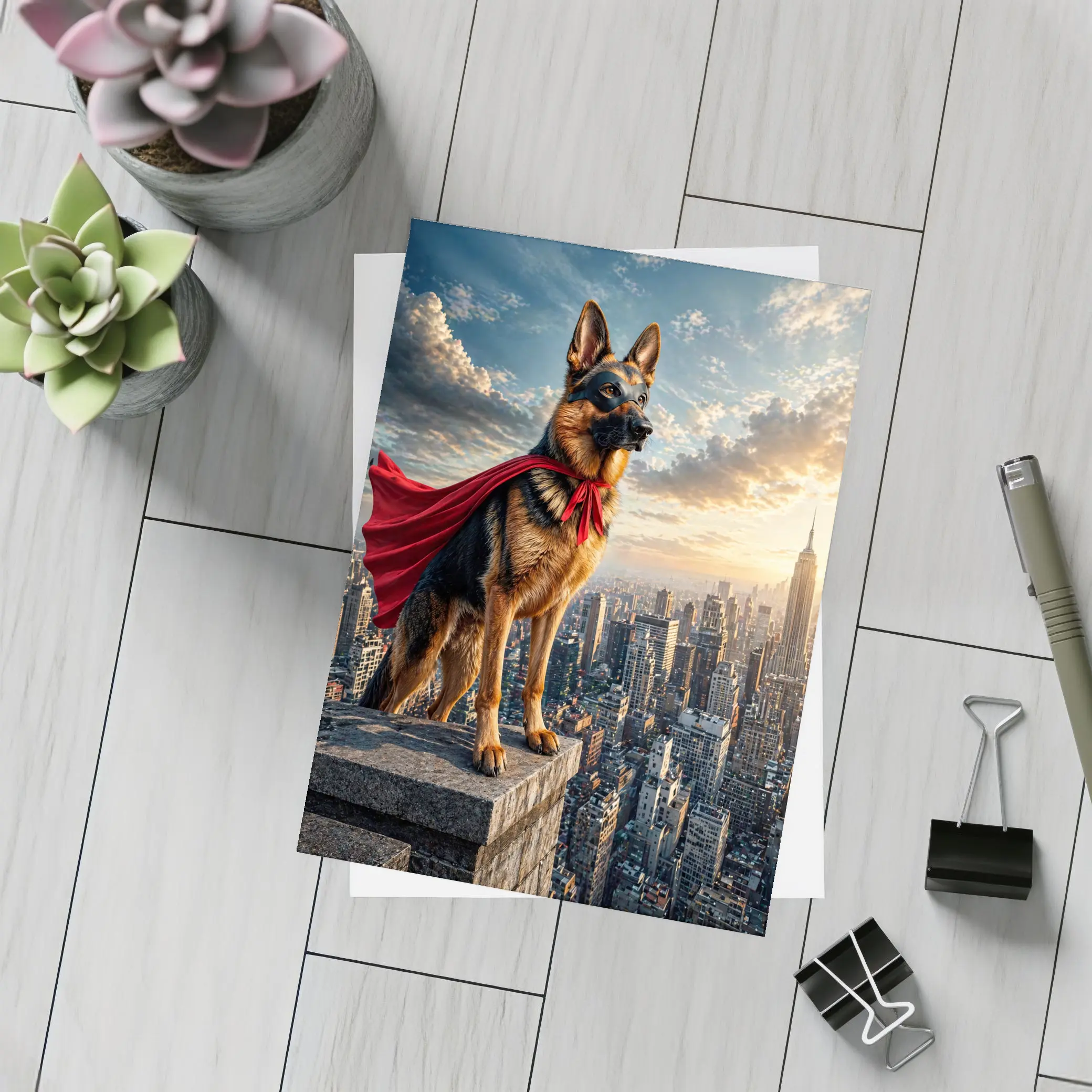 German Shepherd Superhero Cape City Skyline – Postcards