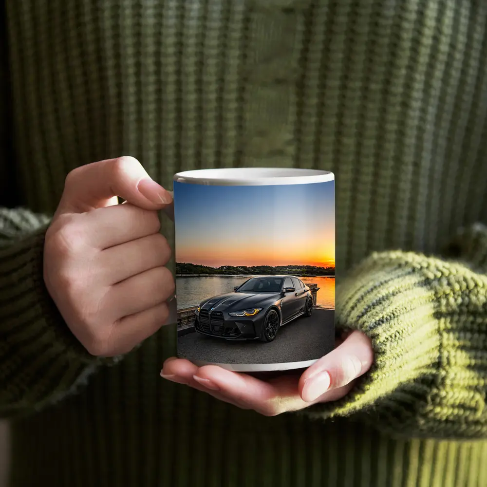 Matte Black BMW M3 Sedan Sunset Waterfront – Mugs