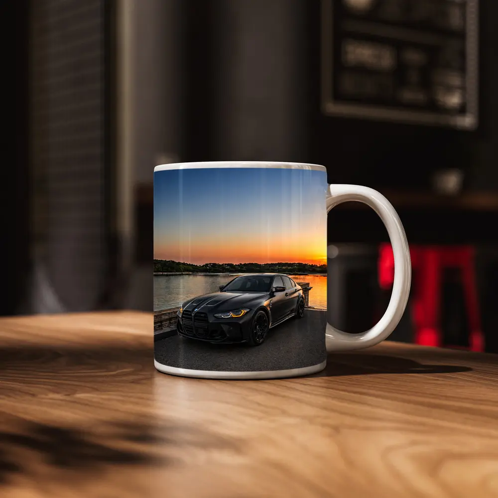 Matte Black BMW M3 Sedan Sunset Waterfront – Mugs