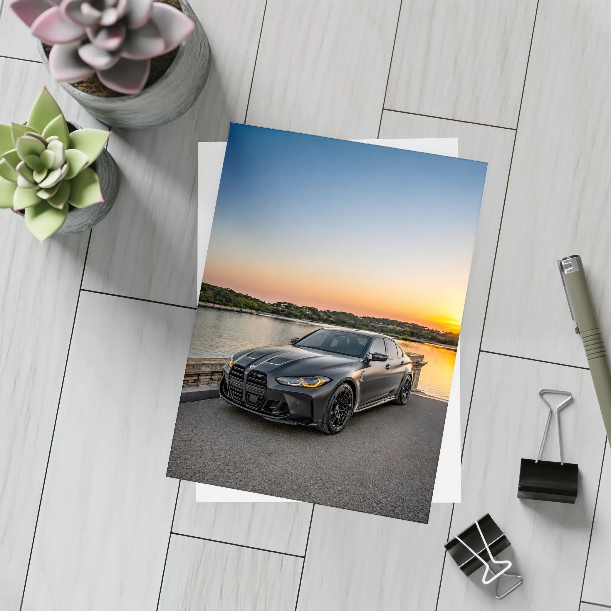 Matte Black BMW M3 Sedan Sunset Waterfront – Postcards