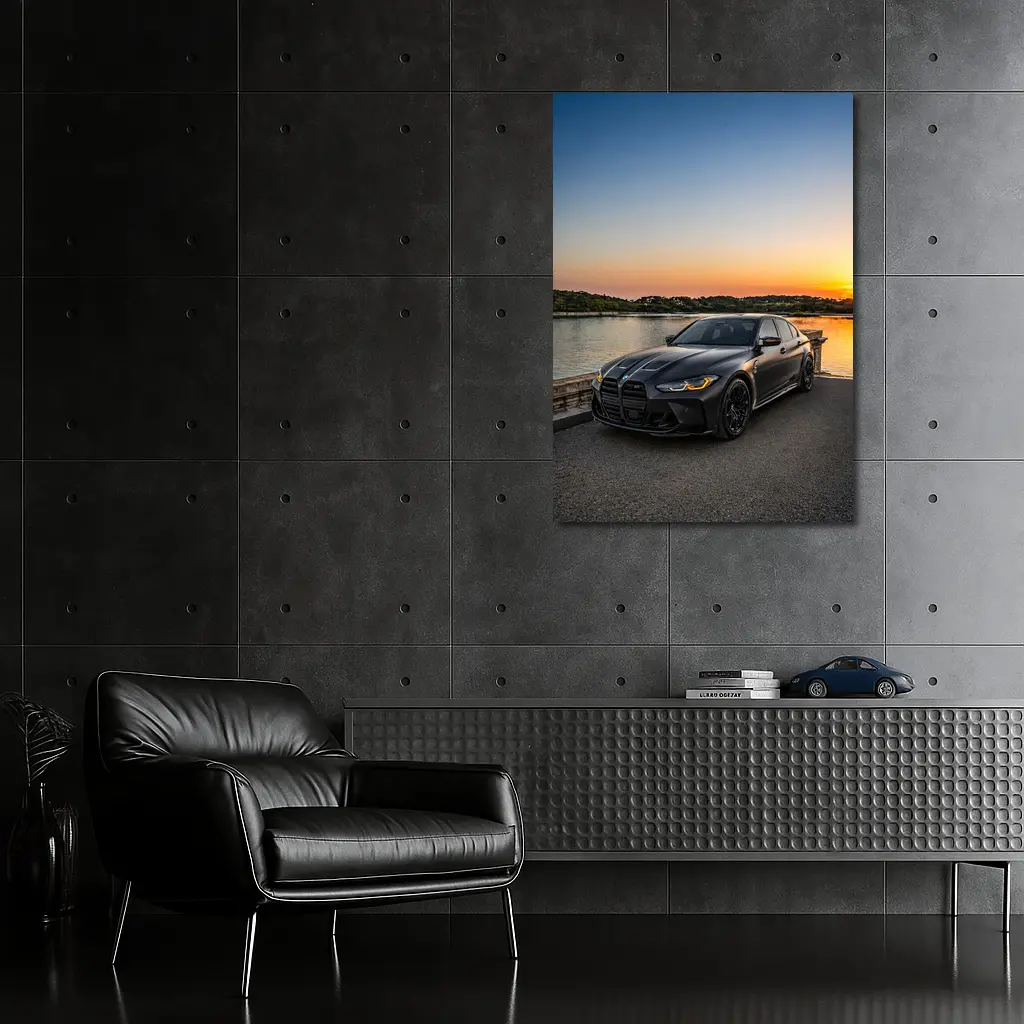 Matte Black BMW M3 Sedan Sunset Waterfront – Wall Art