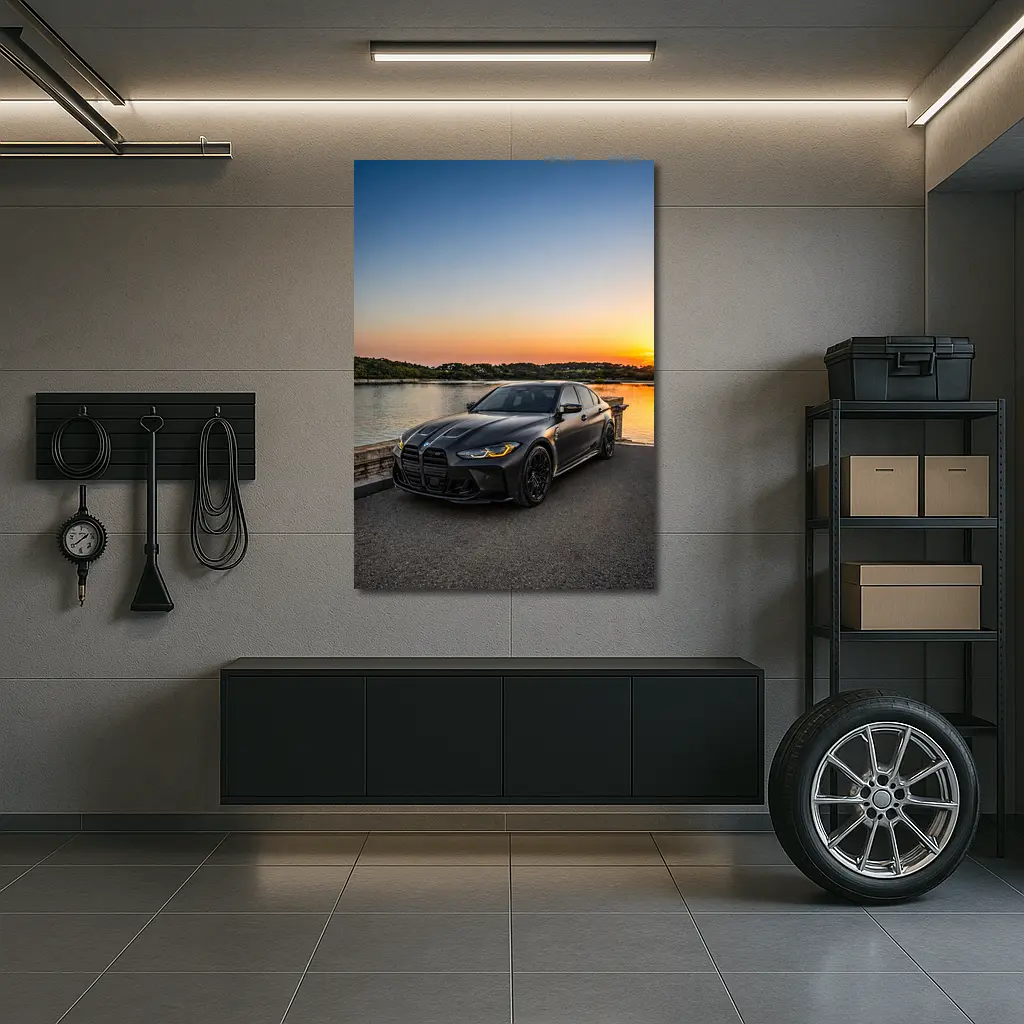 Matte Black BMW M3 Sedan Sunset Waterfront – Wall Art