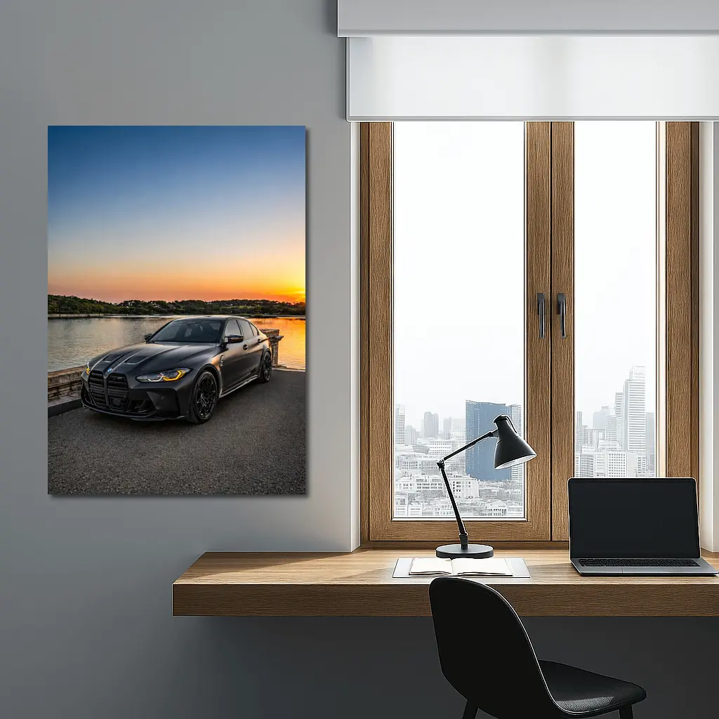 Matte Black BMW M3 Sedan Sunset Waterfront – Wall Art