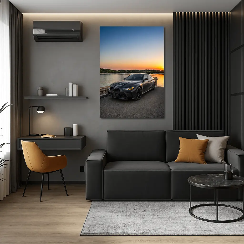 Matte Black BMW M3 Sedan Sunset Waterfront – Wall Art