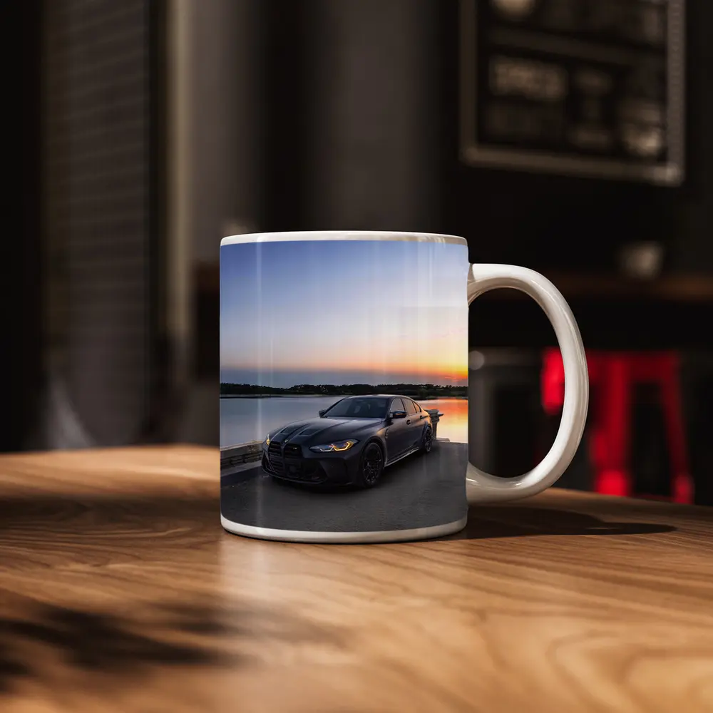 Matte Black BMW M3 Parked By Lake Sunset – Mugs