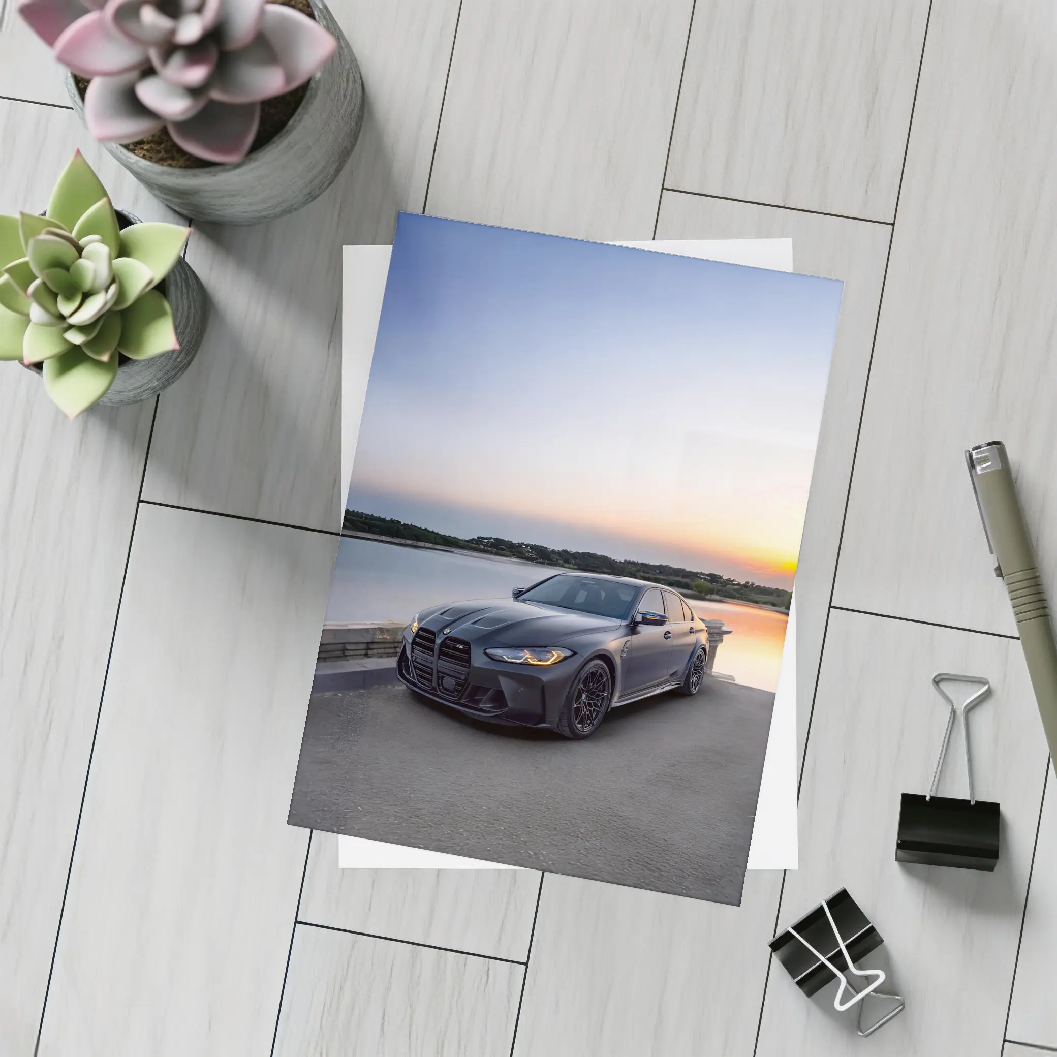 Matte Black BMW M3 Parked By Lake Sunset – Postcards