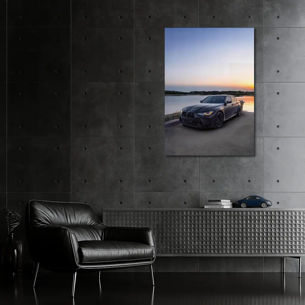 BMW M3 F80 Matte Black Sedan by Lake at Sunset – Wall Art