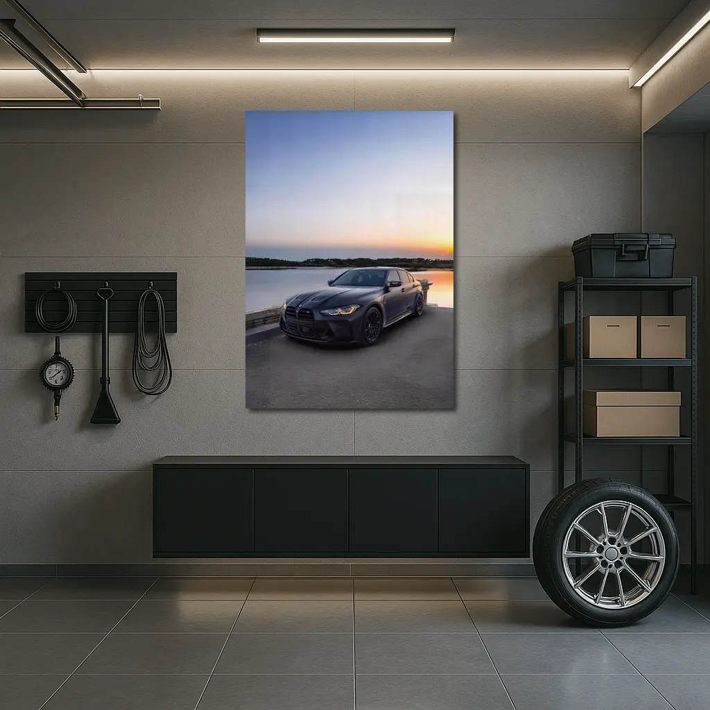 BMW M3 F80 Matte Black Sedan by Lake at Sunset – Wall Art